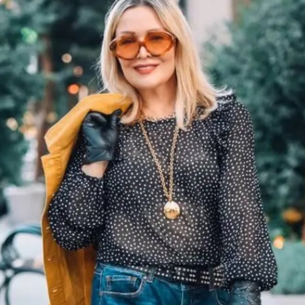 Cabi Sinatra Black and White Polka Dot Ruffle Sheer Long Sleeve Blouse